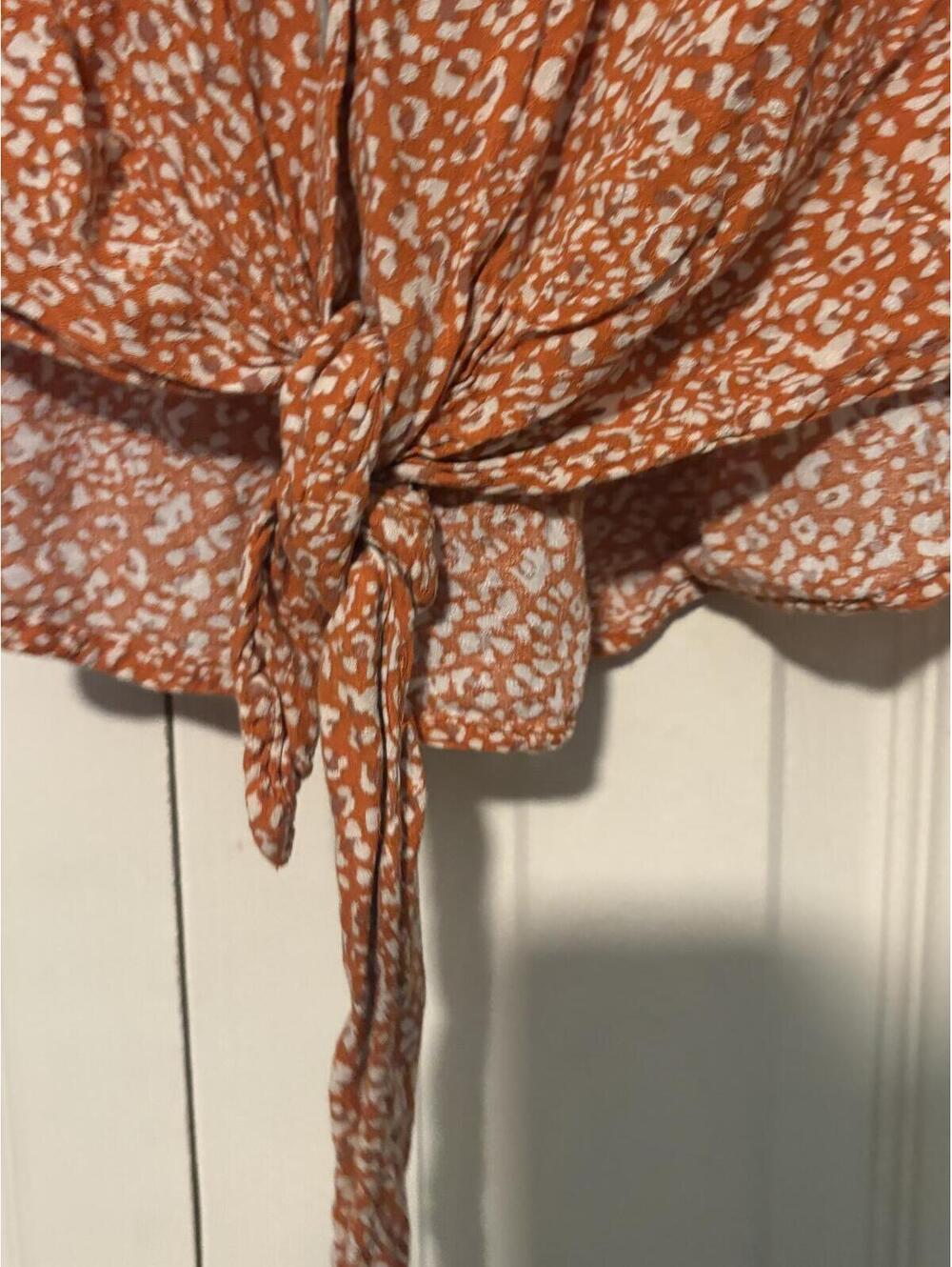 Free People Celia Print Tie-Front Button-Down Boho Blouse | Orange Animal Print - Picture 7 of 7